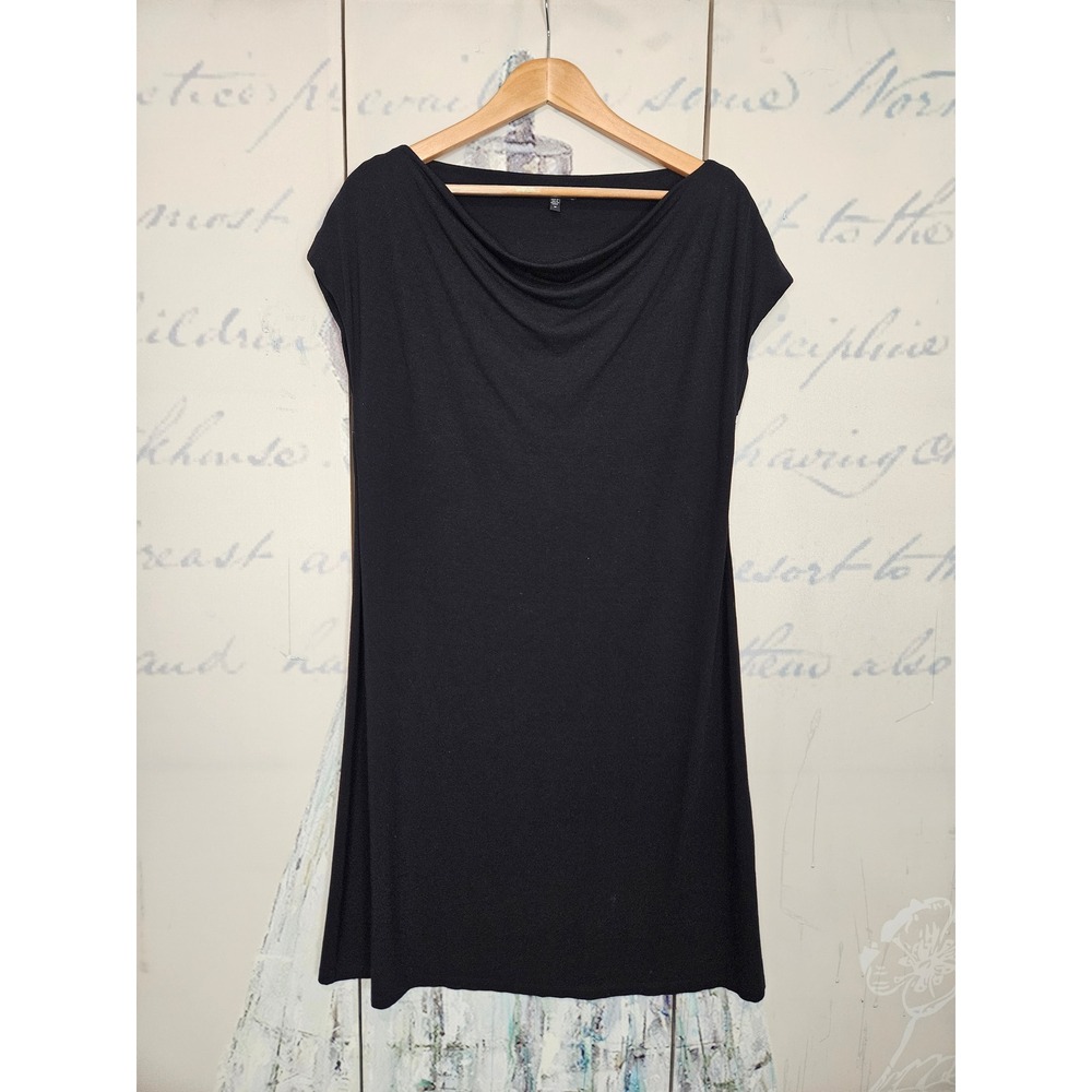 Eileen Fisher Drape‎ Neck Tunic Dress M Black Rayon Lycra Stretch Minimalist